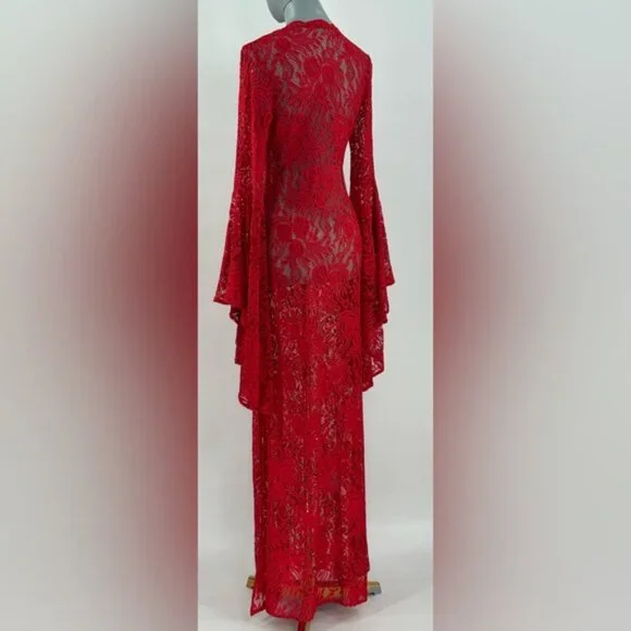 🆕 ALEXANDRA MIRO 🧿 NWOT Kara Long Boylen Sleeve Kaftan, Red Lace - Sz XS - Picture 8 of 14